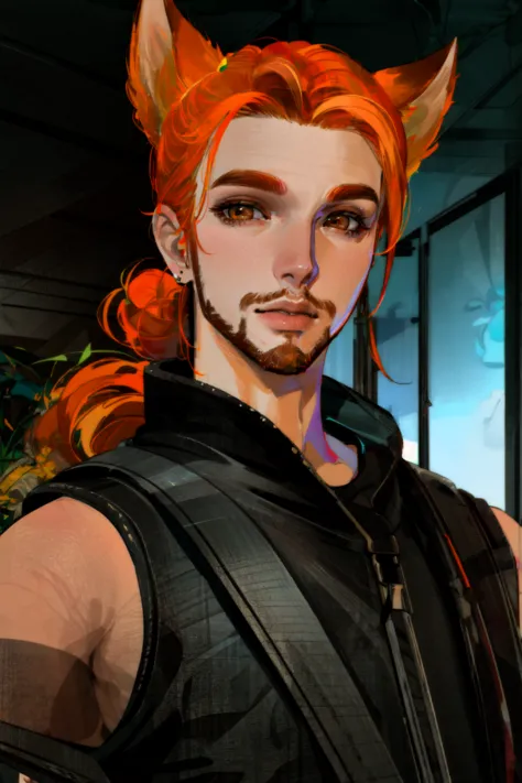 a close up of a person with a red hair and a beard