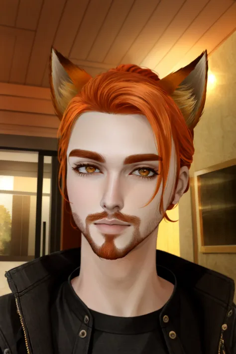 a close up of a person with a beard and a cat's ears