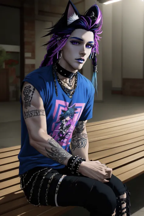 araffe with purple hair and piercings sitting on a bench