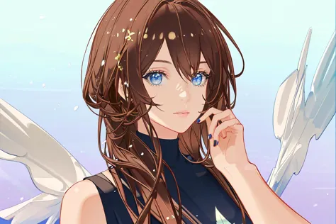 anime girl with long brown hair and blue eyes holding a feather