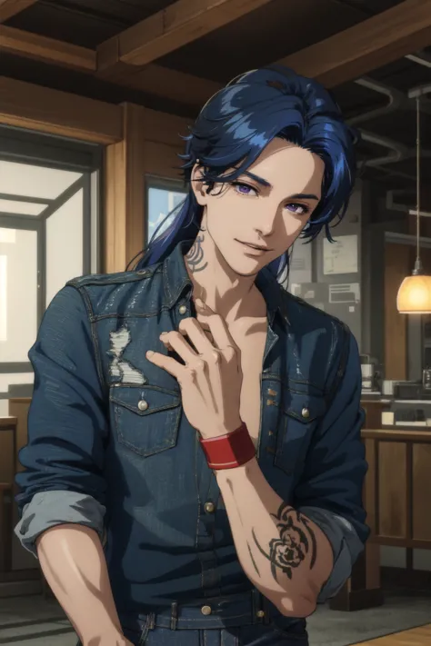 a man with blue hair and tattoos standing in a kitchen