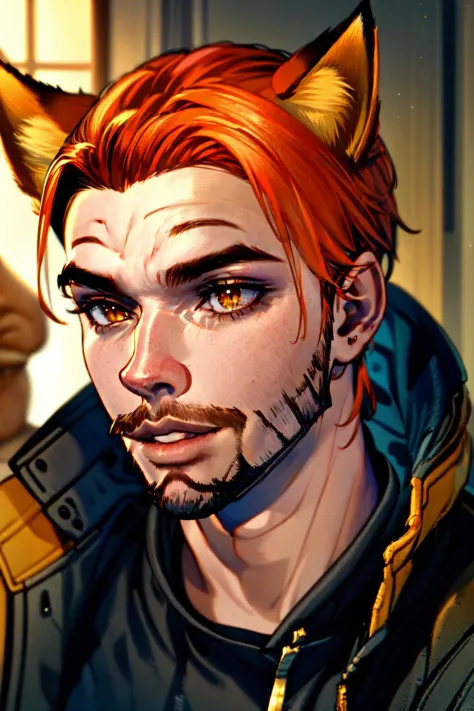 a close up of a man with a cat ear and a beard