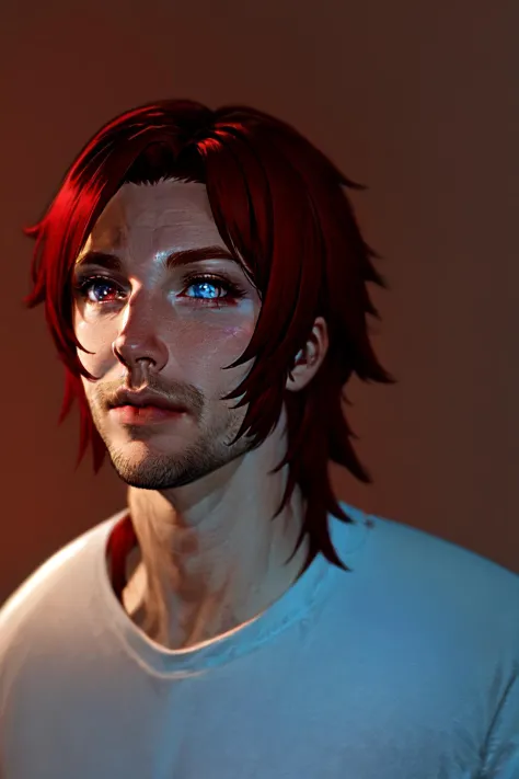 a close up of a man with red hair and blue eyes