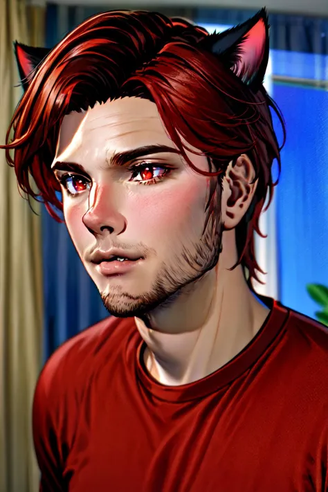 solo, 1boy, male focus, solo, cat ears, animal ears, (red iris), shirt, red hair,red eyes, clean shaven, baby face,portrait, dynamic angle, <lyco:Matoya'iivi Naa'gora Solas:0.7>