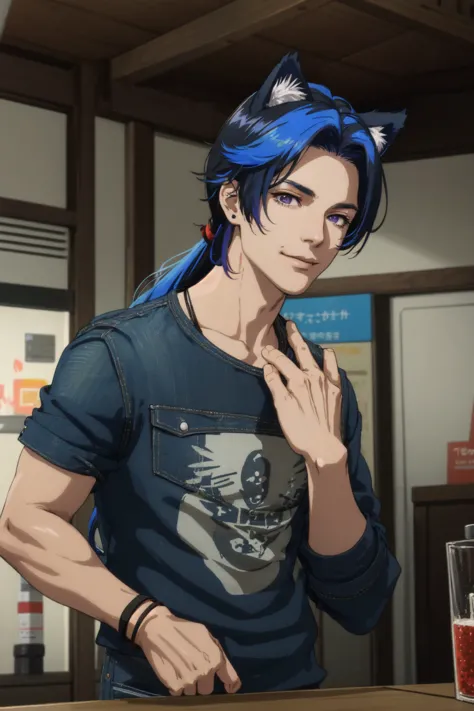 a man with blue hair and a cat ears is standing at a bar