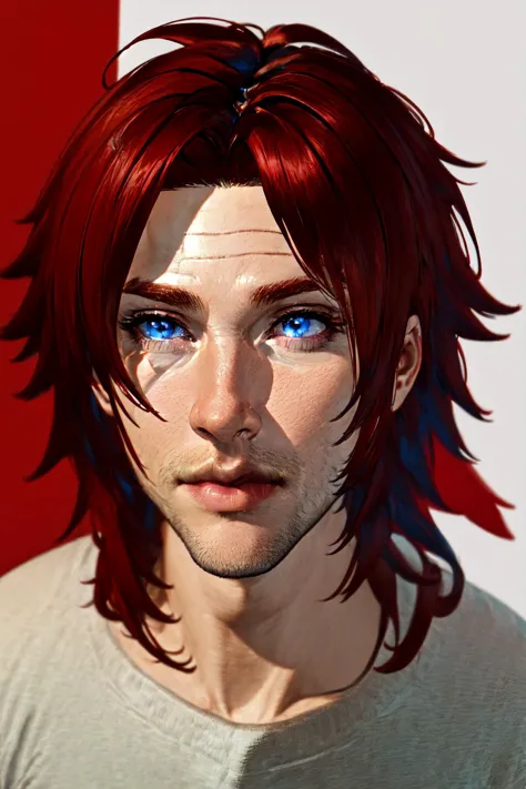 anime guy with red hair and blue eyes staring at the camera