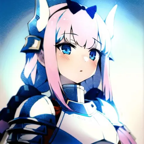 anime girl with pink hair and blue eyes in a blue and white outfit