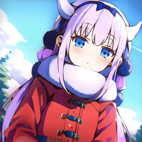 anime girl with horns and a red coat standing in front of a blue sky