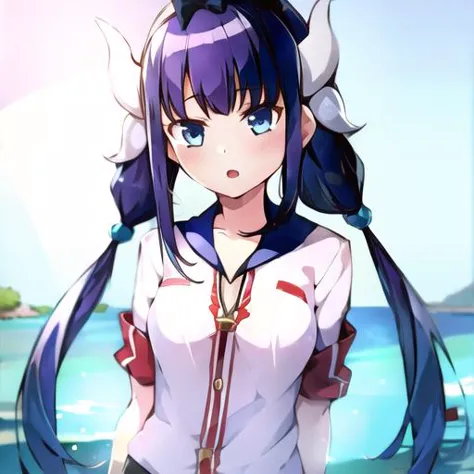 anime girl with long hair and a sailor outfit standing in front of the ocean