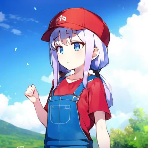 a close up of a person wearing a hat and overalls