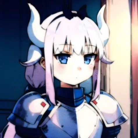 anime girl with horns and blue eyes standing in front of a door