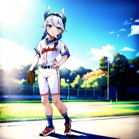 anime girl in a baseball uniform standing on a baseball field