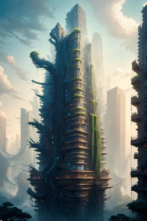 tanjoreAI - небоскреб с усиками в (Пейзаж Fleshland) , высокая детализация, высокое качество, Мягкий свет