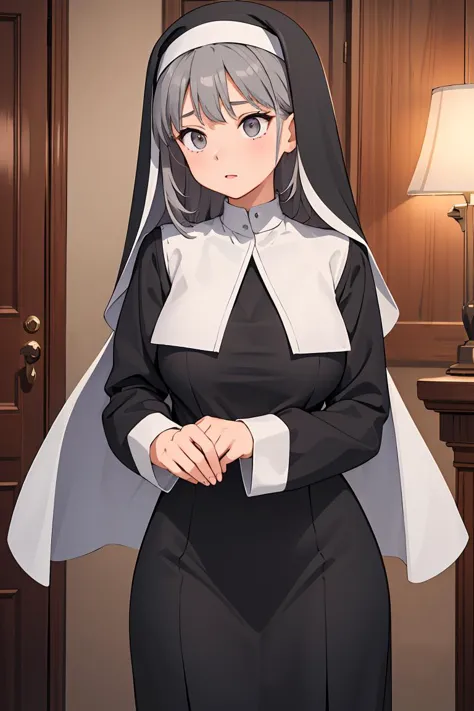 (masterpiece, best quality), 1girl, Slate gray Classic Brushed Up Hair, Size C breasts,  <lora:Nun:1> nun