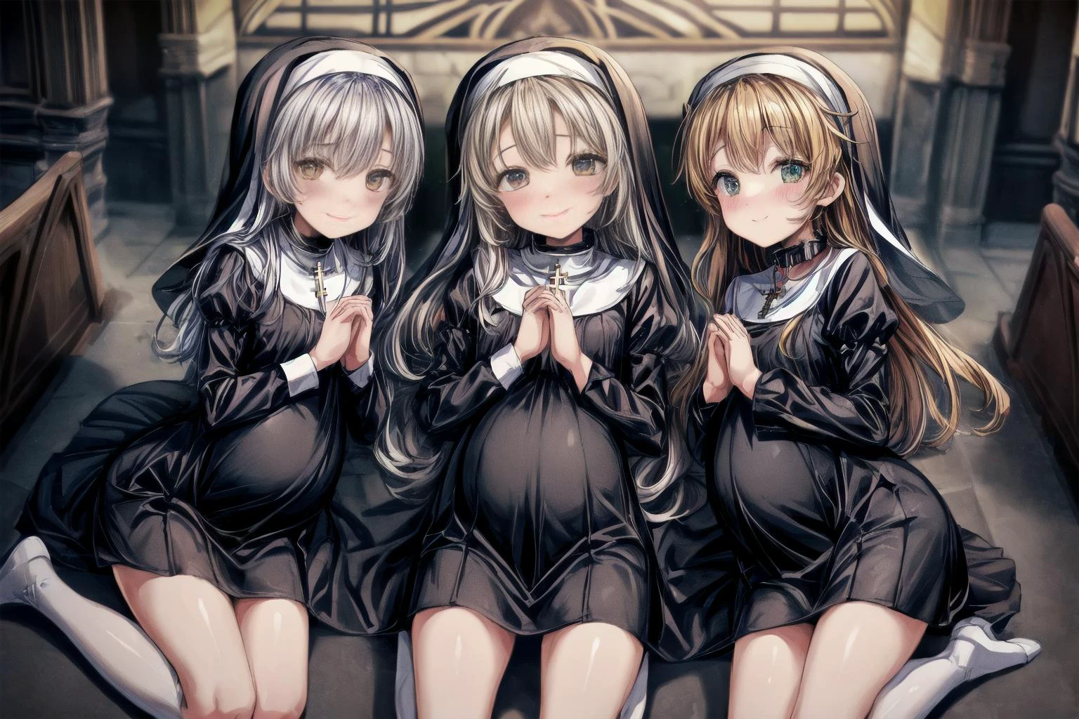 (best quality,masterpiece,8k,highly detailed:1.3),
(pregnant:1.3), multiple girls, (3girls:1.1),(3 lying mature very pregnant playful holy women best friends kneeling in church,older sister:1.5),cute,(staring hopefully up at viewer,praying, own hands together:1.5),
(nun,nun attire:1.1),(fully clothed:1.4),(kneeling,looking up at viewer,facing viewer,smile,from above:1.2),(small breasts, medium breasts:1.4),( wearing metal collar with christian symbol:1.1),
in beautiful church,(long hair:1.2),