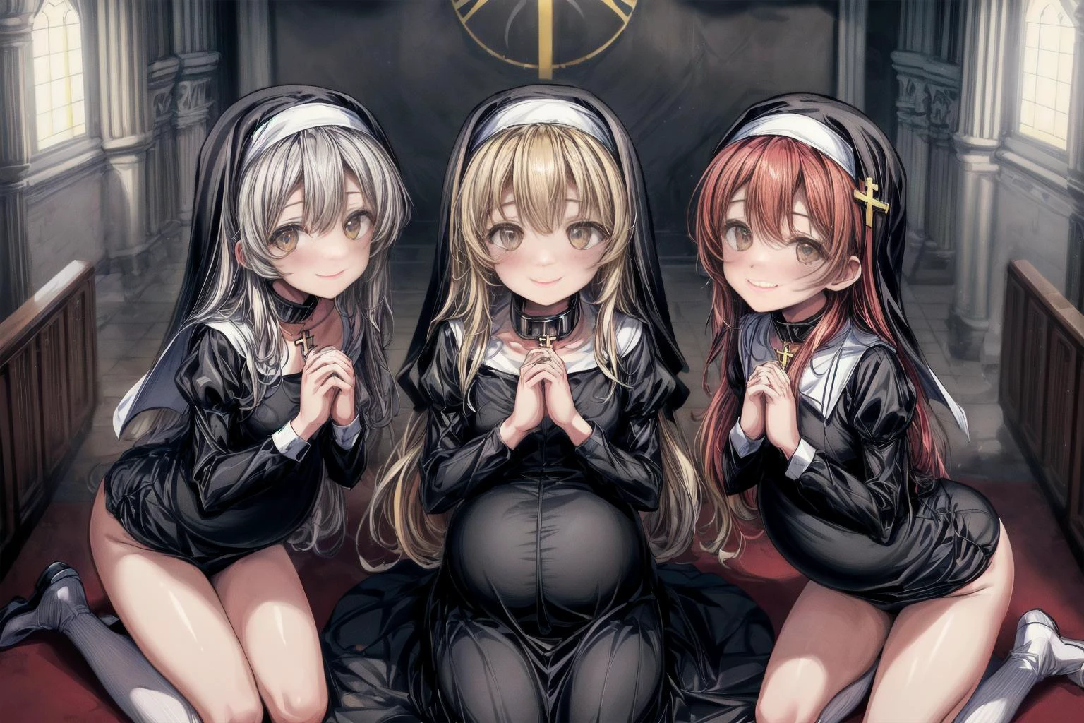 (best quality,masterpiece,8k,highly detailed:1.3),
(pregnant:1.3), multiple girls, (3girls:1.1),(mature,adult:1.7),(3 lying mature very pregnant playful holy women best friends kneeling in church,older sister:1.6),cute,(staring hopefully up at viewer,praying, own hands together:1.7),
(nun,nun attire:1.1),(fully clothed:1.4),(kneeling,looking up at viewer,facing viewer,smile,from above:1.2),(small breasts, medium breasts:1.4),( wearing metal collar with christian symbol:1.1),
in beautiful church,(long hair:1.2),