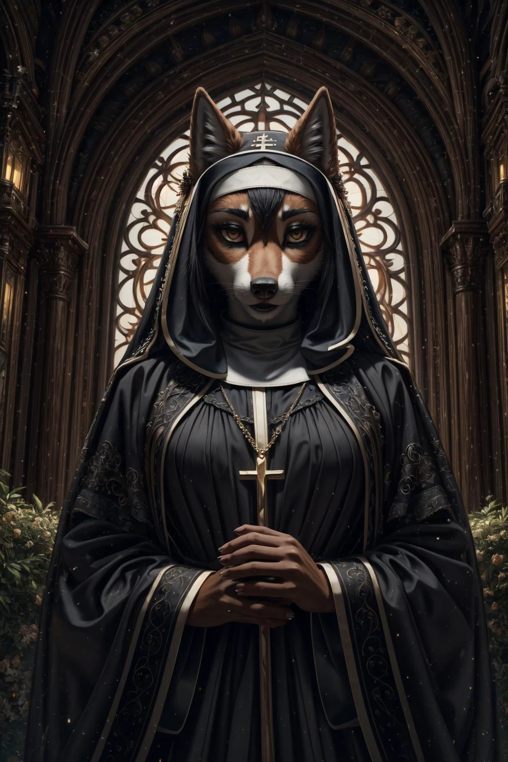 (masterpiece:1.2), (best quality:1.2), (intricate:1.2), (highly detailed:1.2), (sharp:1.2), (8k:1.2), (highres:1.2),
anthro wolf nun
cinematic lighting, vivid colors gothic, bedroomgothic