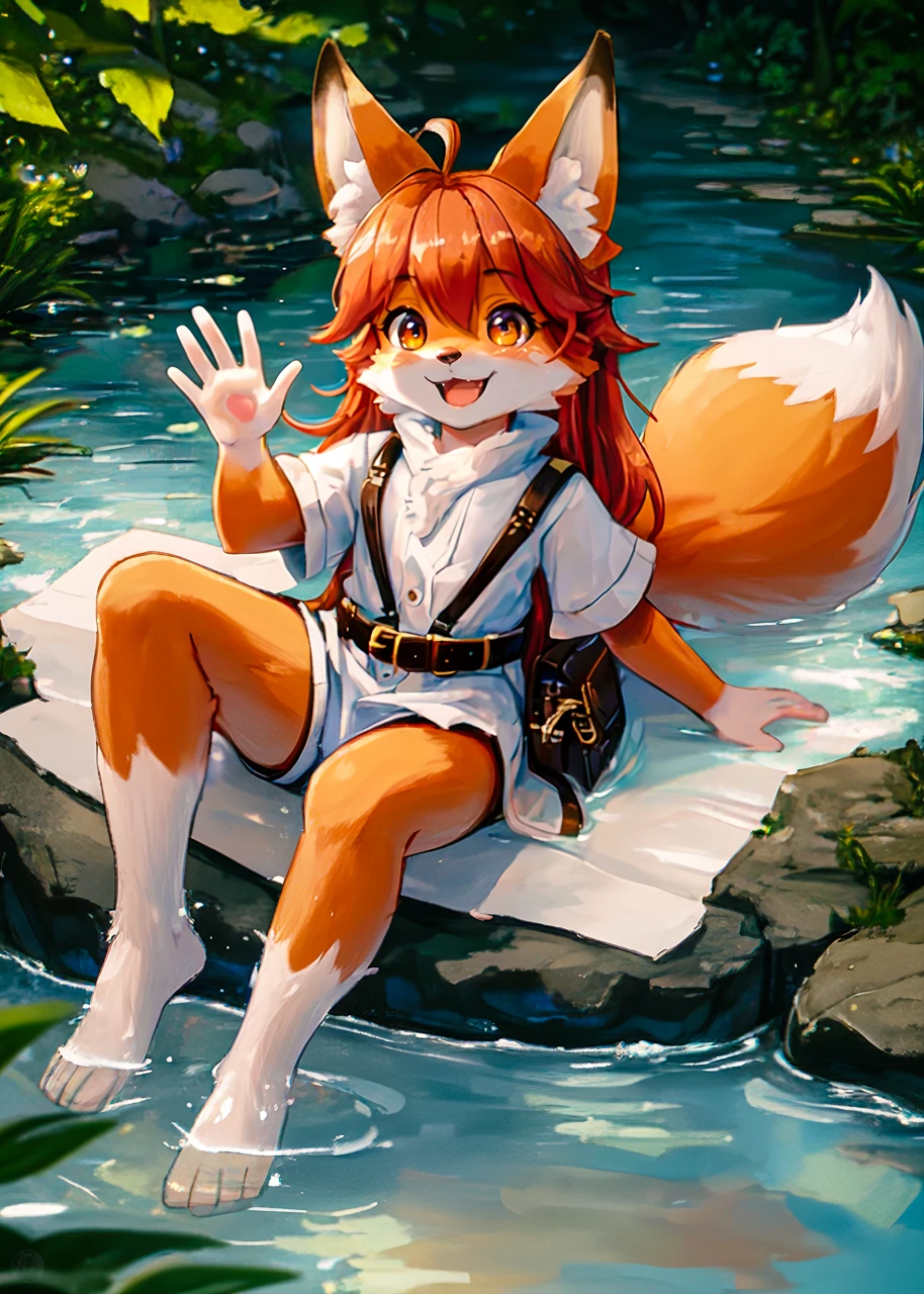 ((solo)), cinematic low angle of an adorable  (Anthro furry  fox), playing water  in a creek,  ((happy, laughing, detailed face, big detailed eyes), looking at fish),  natural soft lighting, 8k, SFW, summer , peaceful , hires, fluffy,