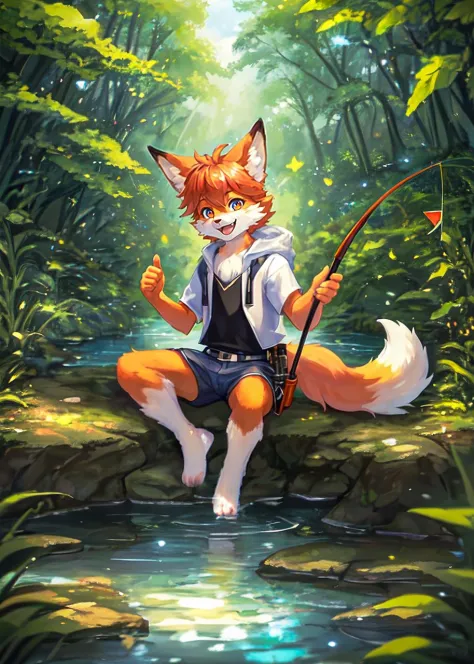 ((solo)), beautiful scene of an (Anthro furry  fox boy), fishing  in a creek, butterfly,  ((happy, laughing, detailed face, detailed big clear eyes)),  natural soft lighting, 8k, SFW, summer , peaceful , hires, (fluffy paws), clothed,