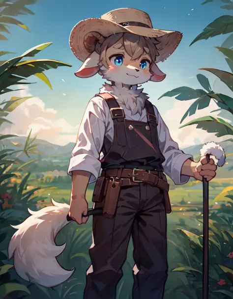 ((solo)), charming scene of a (Anthro furry) (goat_boy:1.5),(brown_fur:1.5),
The Anthro furry goat boy has a short, messy hairstyle with light brown hair that matches the color of his fur. His fur is soft, fluffy, and creamy white with light brown spots on...