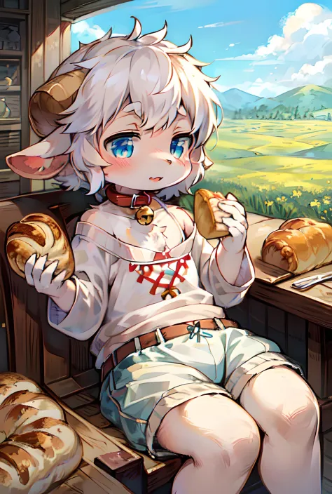 masterpiece, high quality, absurd res, digital painting \(artwork\), by dagasi, yupa,kiyosan,(fluffy fur,White fur, full body fur,croissant,Collie pattern:1.2),anthro male sheep. blue eyes, bright eyes,panorama,character focus.detailed background,eat canta...