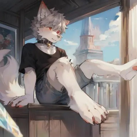 (masterpiece:1.2),(anatomically correct:1.1), (high quality:1.5), (((solo male anthropomorphic))) kemono furry_transformation wolf fursona,1 wolf boy,black fur,crystal red eyes, (sky bule nose),white hands paws, white feet, canine hands, (detail canine fee...