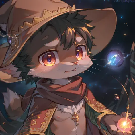 masterpiece, high quality portrait, 3D realistic CG, dramatic lighting, intricate details, sharp focus, 16k, anthro, furry, (cub), (whiskers), solo child boy, wizard hat, embroidered cape, scarf, (expressionless), (magic wind orb:1.2), (hand reaching out),...