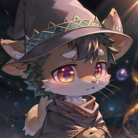 masterpiece, high quality portrait, 3D realistic CG, dramatic lighting, intricate details, sharp focus, 16k, anthro, furry, (cub), (whiskers), solo child boy, wizard hat, embroidered cape, scarf, (expressionless), (hugging big magic wind orb), (outer space...