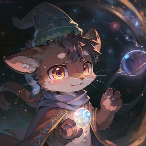 masterpiece, high quality portrait, 3D realistic CG, dramatic lighting, intricate details, sharp focus, 16k, anthro, furry, (cub), (whiskers), solo child boy, wizard hat, embroidered cape, scarf, (expressionless), (magic wind orb:1.4), (hand reaching out),...