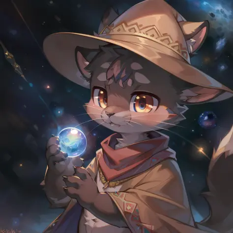 masterpiece, high quality portrait, 3D realistic CG, dramatic lighting, intricate details, sharp focus, 16k, anthro, furry, (cub), (whiskers), solo child boy, wizard hat, embroidered cape, scarf, (expressionless), (hugging magic orb), (outer space), (by ke...