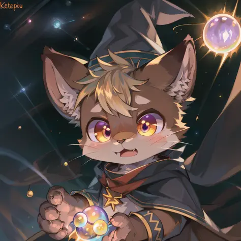 masterpiece, high quality portrait, 3D realistic CG, dramatic lighting, intricate details, sharp focus, 16k, anthro, furry, (cub), (whiskers), solo child boy, wizard hat, cape, scarf, (surprised), (magic lightning orbs:1.4), (reaching hand out), (outer spa...