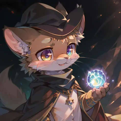 masterpiece, high quality portrait, 3D realistic CG, dramatic lighting, intricate details, sharp focus, 16k, anthro, furry, (cub), (whiskers), solo child boy, wizard hat, cape, scarf, (pensive), (magic wind orb:1.4), (hand reaching out), (galactic), (by ke...