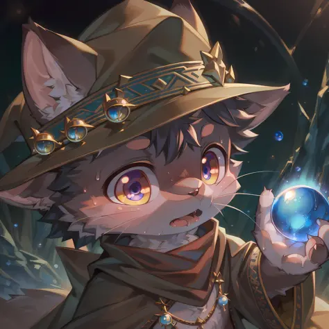 masterpiece, high quality portrait, 3D realistic CG, dramatic lighting, intricate details, sharp focus, 16k, anthro, furry, wet fur, (cub), (whiskers), solo child boy, wizard hat, cape, scarf, (amazed), (magic river:1.2), (holding water orb hand reaching o...