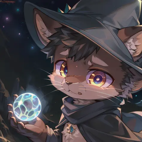 masterpiece, high quality portrait, 3D realistic CG, dramatic lighting, intricate details, sharp focus, 16k, anthro, furry, (cub), (whiskers), solo child boy, wizard hat, cape, scarf, (sad), (magic wind orb:1.4), (hand reaching out), (galactic sky), (by ke...