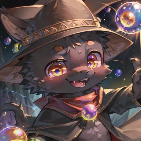 masterpiece, high quality portrait, 3D realistic CG, dramatic lighting, intricate details, sharp focus, 16k, anthro black cat, furry, (cub), (whiskers), solo child boy, wizard hat, cape, scarf, (laughing), (magic wind orbs:1.4), (hand reaching out), (extra...