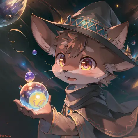 masterpiece, high quality portrait, 3D realistic CG, dramatic lighting, intricate details, sharp focus, 16k, anthro, furry, (cub), (whiskers), solo child boy, wizard hat, cape, scarf, (surprised), (magic wind orbs:1.4), (reaching hand out), (outer space pl...