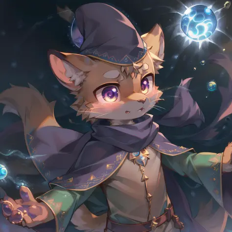 masterpiece, high quality portrait, 3D realistic CG, dramatic lighting, intricate details, sharp focus, 16k, anthro, furry, (cub), (whiskers), solo child boy, wizard hat, embroidered cape, scarf, (expressionless), (magic wind orb:1.6), (hand reaching out),...