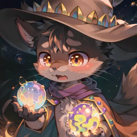 masterpiece, high quality portrait, 3D realistic CG, dramatic lighting, intricate details, sharp focus, 16k, anthro, furry, (cub), (whiskers), solo child boy, wizard hat, cape, scarf, (surprised), (magic wind orbs:1.4), (reaching hand out), (stars), (by ke...