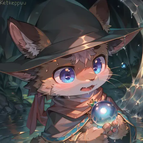 masterpiece, high quality portrait, 3D realistic CG, dramatic lighting, intricate details, sharp focus, 16k, anthro, furry, wet fur, (cub), (whiskers), solo child boy, wizard hat, cape, scarf, (amazed), (water magic stream:1.2), (holding water orb hand rea...