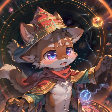 masterpiece, high quality portrait, 3D realistic CG, dramatic lighting, intricate details, sharp focus, 16k, anthro, furry, (cub), (whiskers), solo child boy, wizard hat, cape, scarf, (amazed), (electricity magic circle in background:1.2), (standing), (hol...