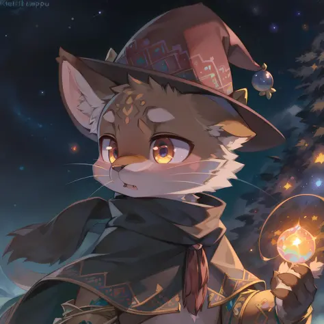 masterpiece, high quality portrait, 3D realistic CG, dramatic lighting, intricate details, sharp focus, 16k, anthro, furry, (cub), (whiskers), solo child boy, wizard hat, embroidered cape, scarf, (expressionless), (holding big magic wind orb), (galactic sk...