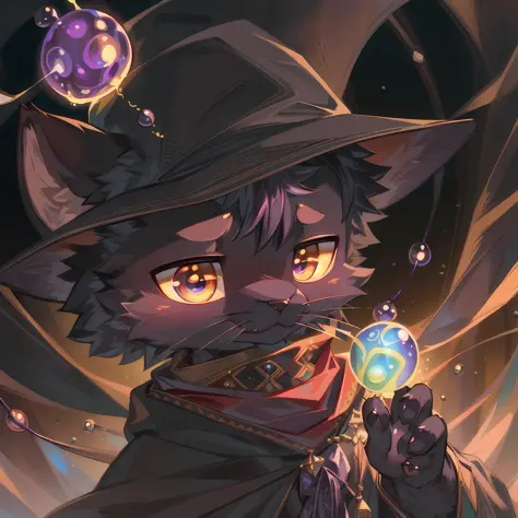 masterpiece, high quality portrait, 3D realistic CG, dramatic lighting, intricate details, sharp focus, 16k, anthro black cat, furry, (cub), (whiskers), solo child boy, wizard hat, cape, scarf, (pensive), (magic wind orbs:1.4), (hand reaching out), (extrat...