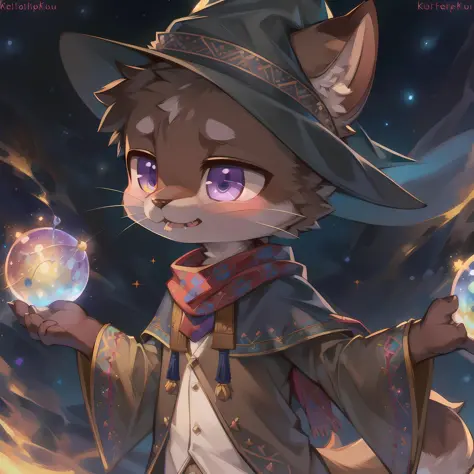 masterpiece, high quality portrait, 3D realistic CG, dramatic lighting, intricate details, sharp focus, 16k, anthro, furry, (cub), (whiskers), solo child boy, wizard hat, embroidered cape, scarf, (expressionless), (magic wind orbs), (hand reaching out), (g...