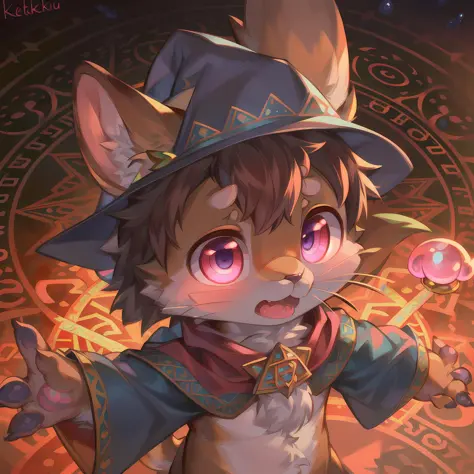 masterpiece, high quality portrait, 3D realistic CG, dramatic lighting, intricate details, sharp focus, 16k, anthro, furry, (cub), (whiskers), solo child boy, wizard hat, cape, scarf, (amazed), (magic circle in background:1.2), (coral), (holding water orb ...