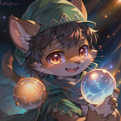 masterpiece, high quality portrait, 3D realistic CG, dramatic lighting, intricate details, sharp focus, 16k, anthro, furry, (cub), (whiskers), solo child boy, wizard hat, embroidered cape, scarf, (happy), (hugging orb), (outer space), (by kekitopu), (far s...