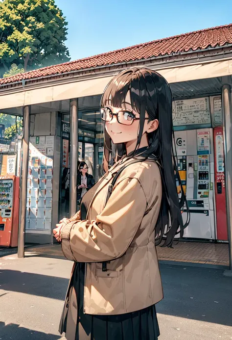 masterpiece, best quality, very aesthetic, absurdres,
1girl, solo, glasses, black hair, long hair, jacket, skirt, black bag, smile, looking at viewer, solo focus,upper body, 
uguisudani, storefront, vending machine, scenery, outdoors, tree, sky, blue sky, day, building, sign, shadow, real world location
 <lora:uguisudani_SDXL_V1:0.8>