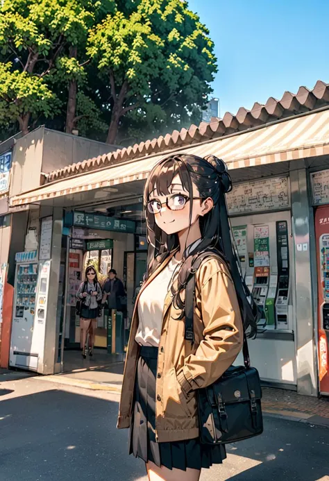 anime girl in a short skirt and jacket standing in front of a store