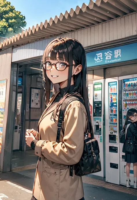 there is a woman standing outside of a vending machine