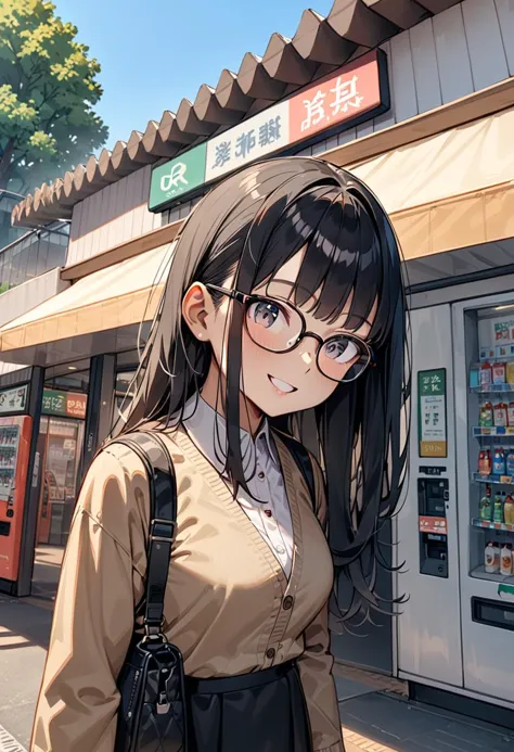 anime girl with glasses and a backpack standing in front of a vending machine