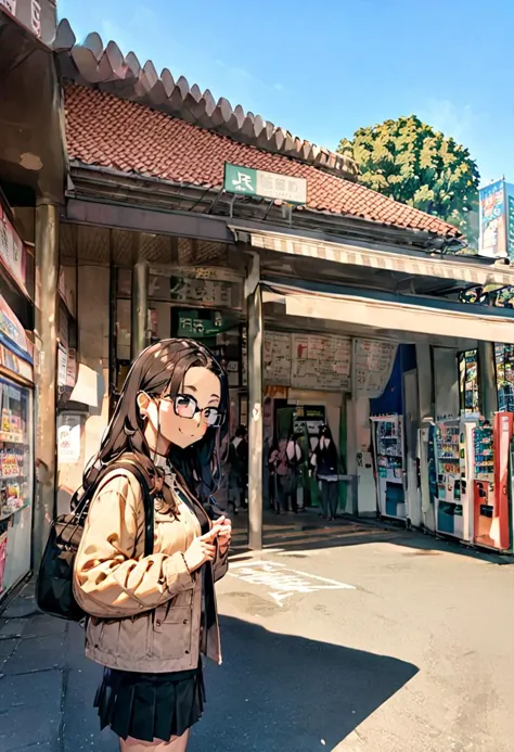 there is a woman standing in front of a store with a backpack